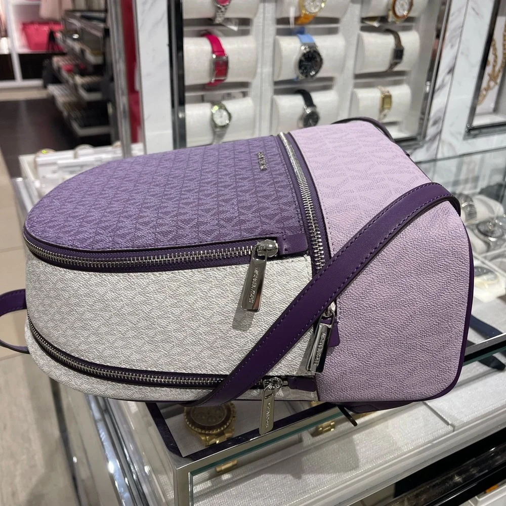 MICHAEL KORS Rhea Md Zip Color-Block Signature Logo Backpack Dark Purple Mlt NWT